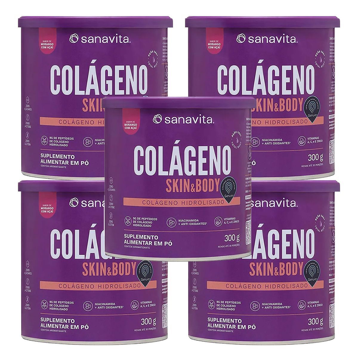 Kit 5X Col�geno Skin - 200g Morango Com A�a� - Sanavita