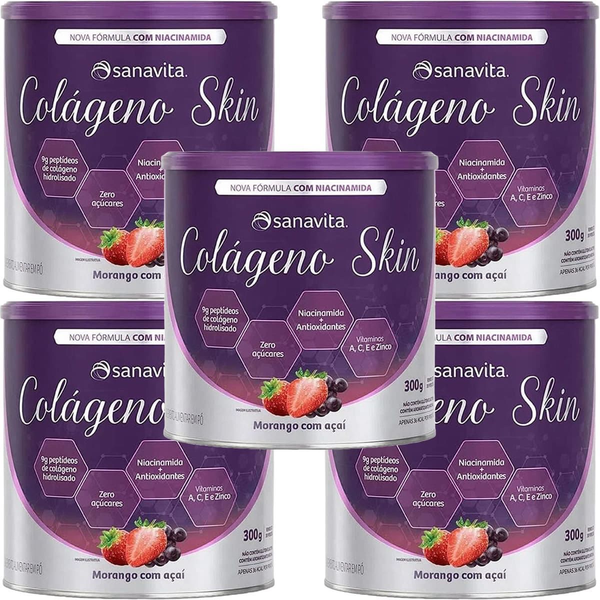 Kit 5X Col�geno Skin - 300g Morango Com A�a� - Sanavita