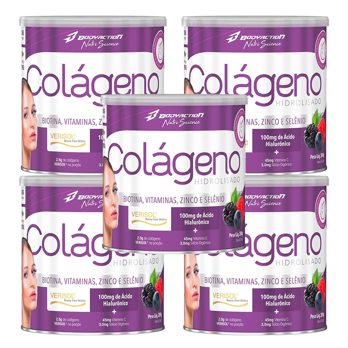 Kit 5X Col�geno Verisol Com Hialur�nico - 200g Frutas Vermelhas - BodyAction