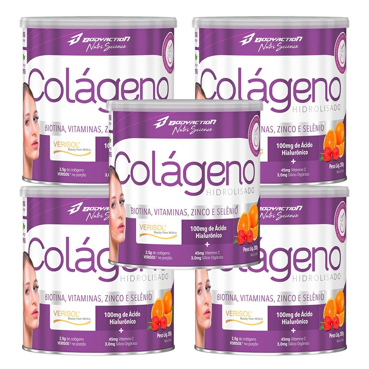 Kit 5X Col�geno Verisol Com Hialur�nico - 200g Laranja com Acerola - BodyAction