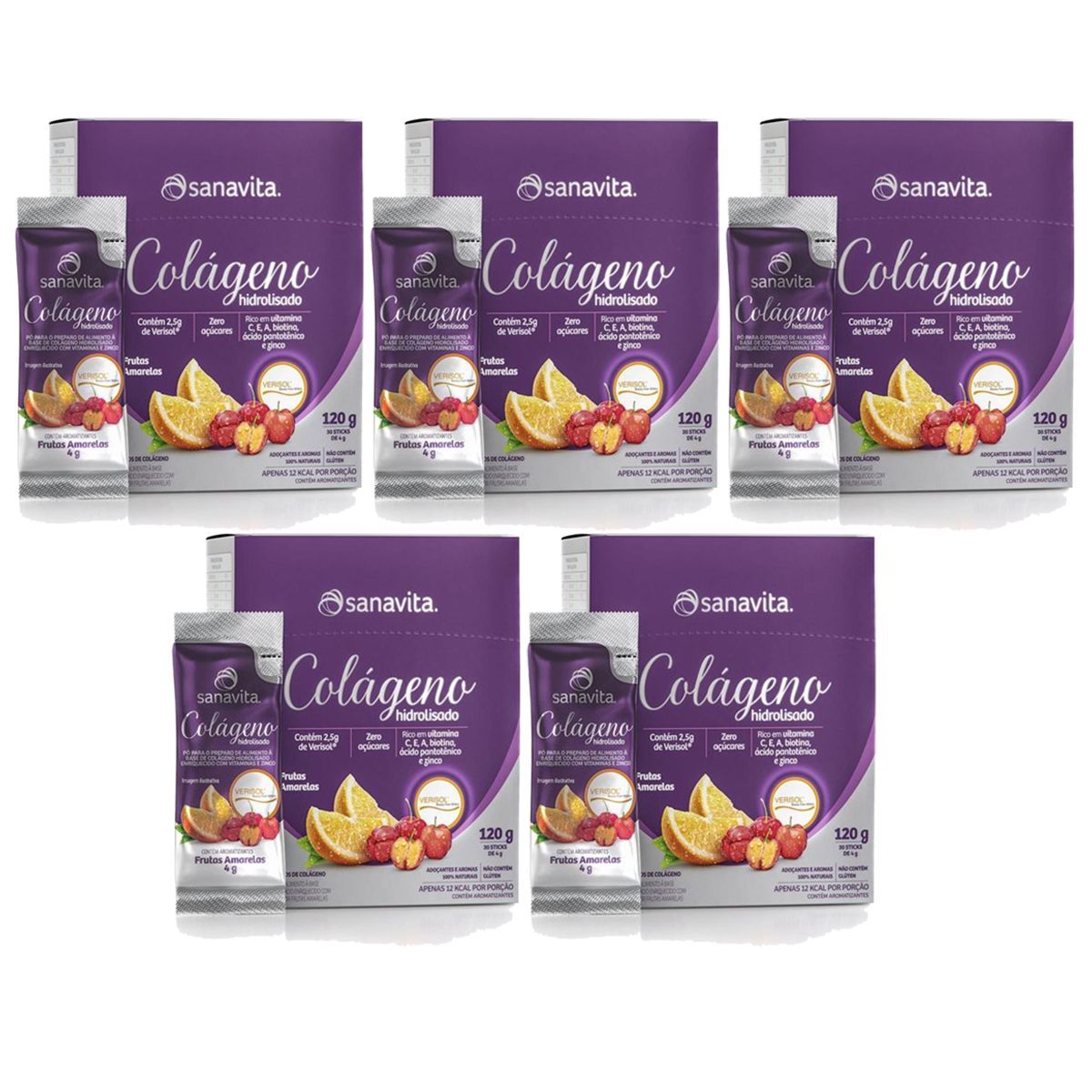 Kit 5X Col�geno Verisol Hidrolisado - 30 Sticke de 4g Frutas Amarelas - Sanavita