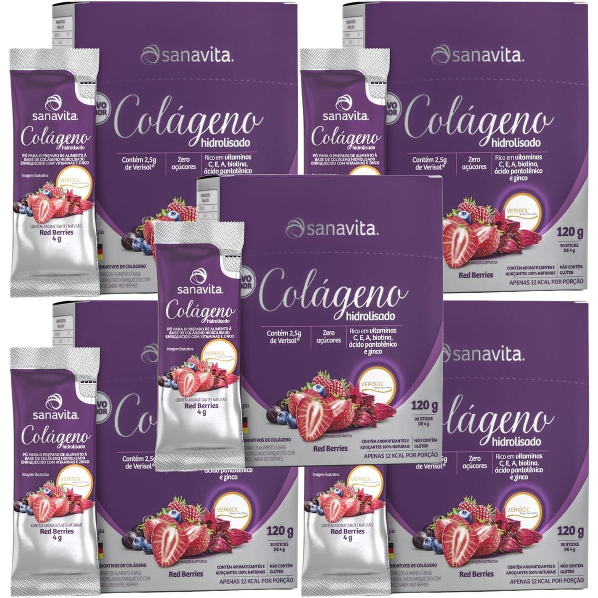 Kit 5X Col�geno Verisol Hidrolisado - 30 Sticke de 4g Red Berries - Sanavita