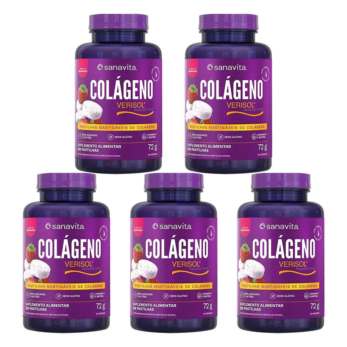 Kit 5X Col�geno Verisol Mastig�vel - 45 Pastilhas Morango - Sanavita