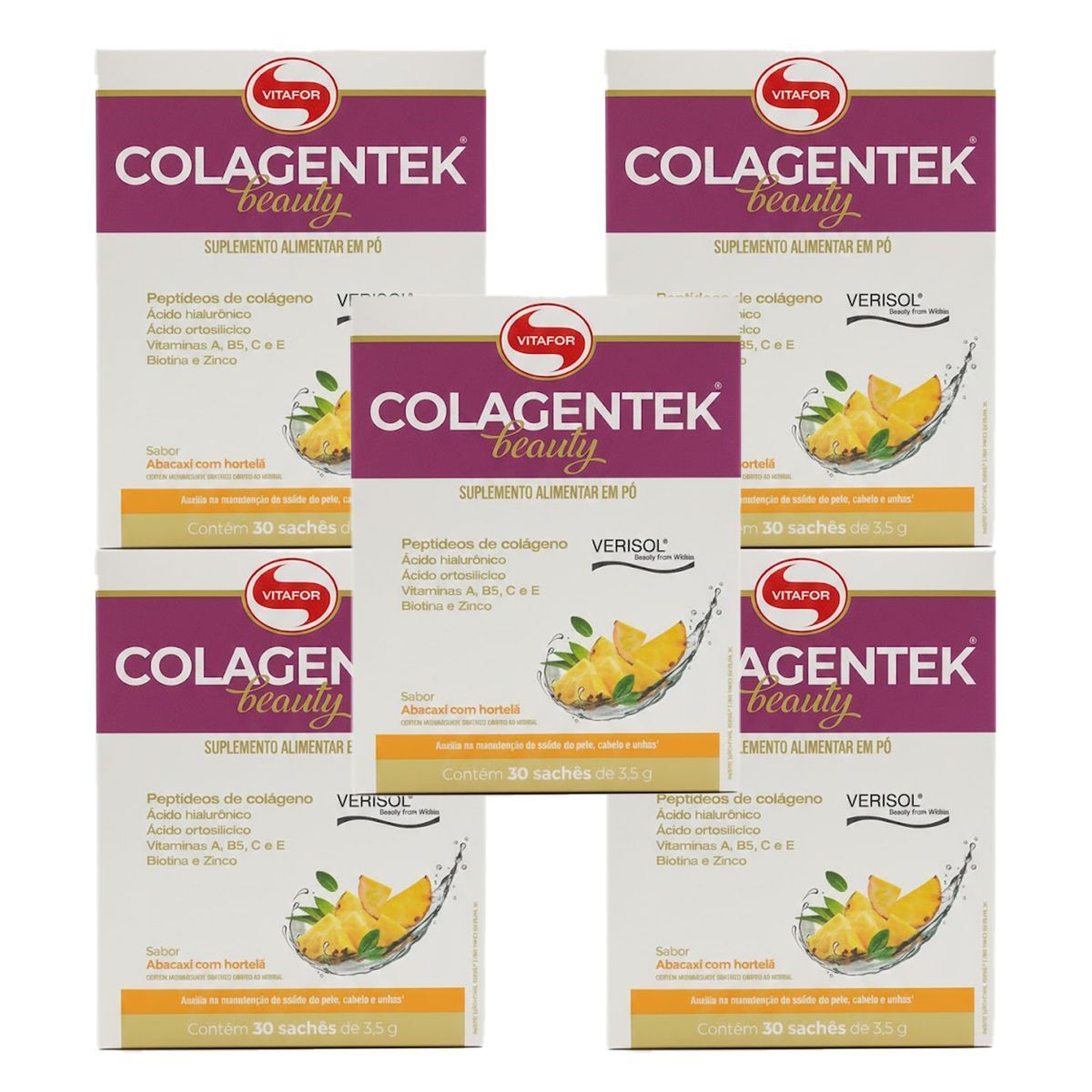 Kit 5X Colagentek Beauty Verisol - 30 Sach�s 3,5g Abacaxi com Hortel� - Vitafor