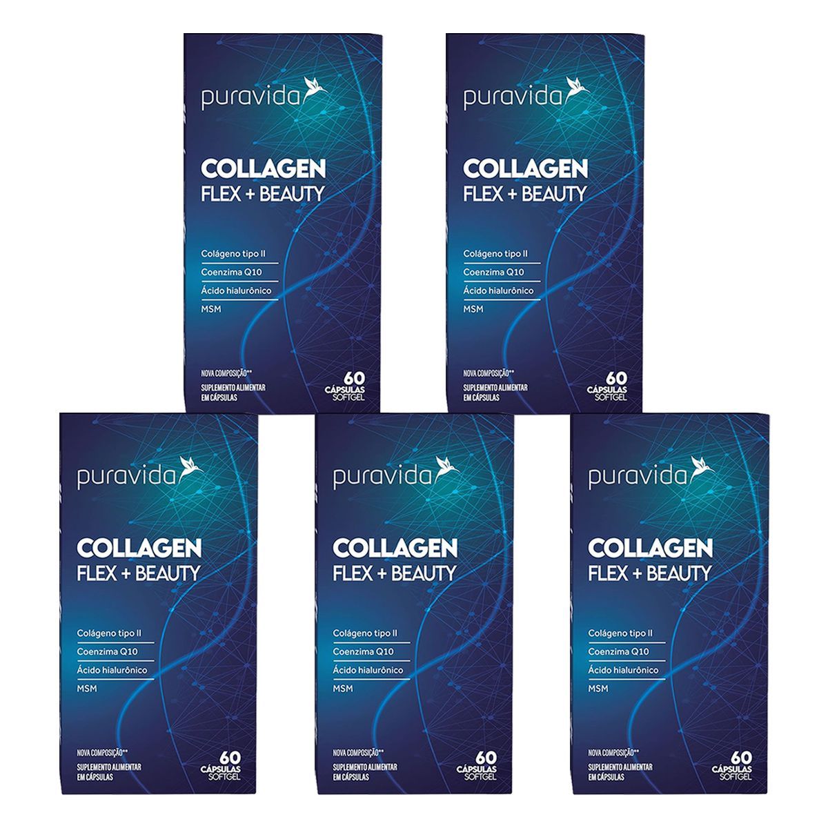 Kit 5X Collagen Flex + Beauty - 60 C�psulas Softgel - Puravida