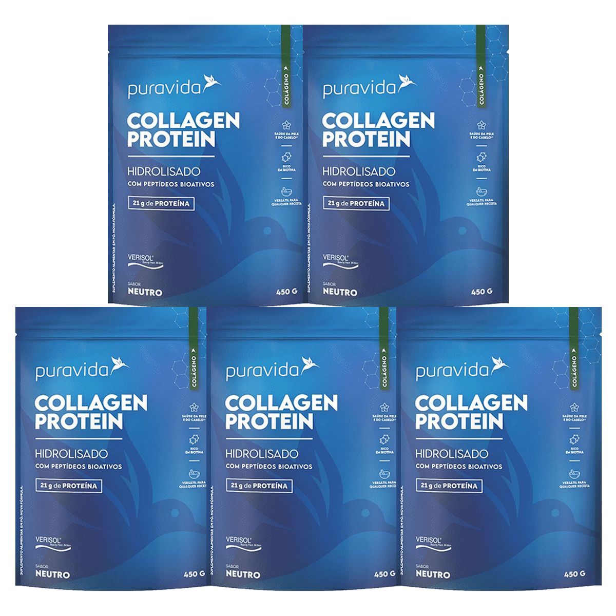 Kit 5X Collagen Protein - 450g Neutro - Puravida