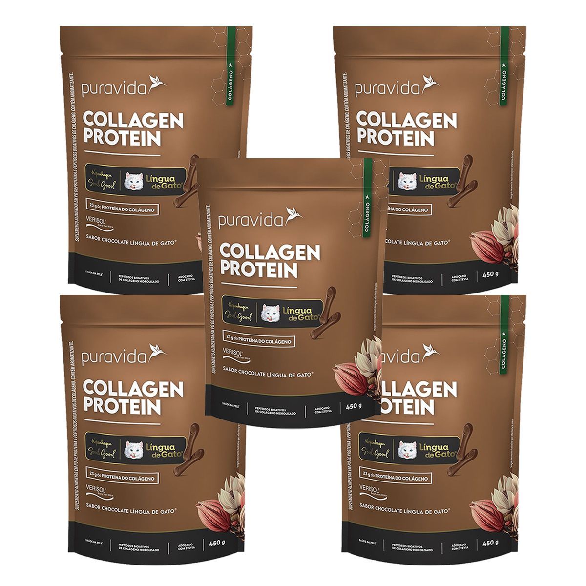 Kit 5X Collagen Protein - Refil 450g Lingua de Gato - Puravida