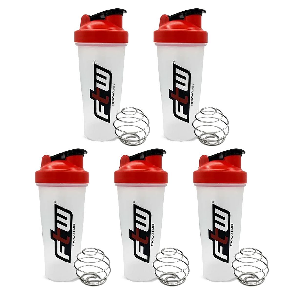 Kit 5X Coqueteleira com Blend - 600ml Transparente Tampa Vermelha - FTW