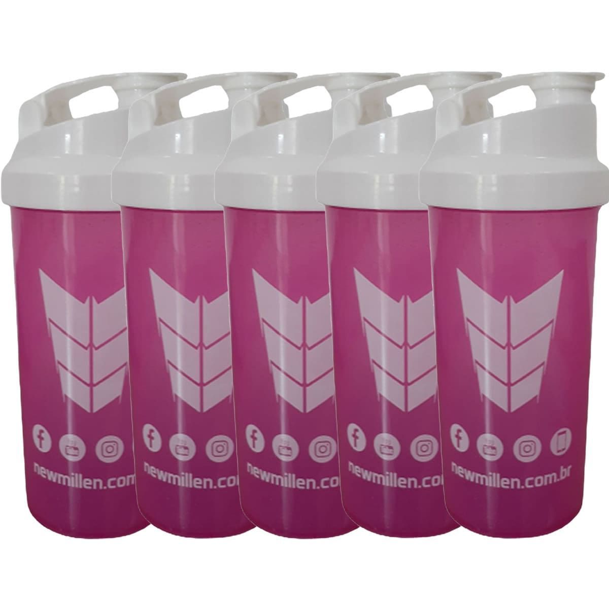 Kit 5X Coqueteleira Feminina - 600ml Rosa e Branco - New Millen