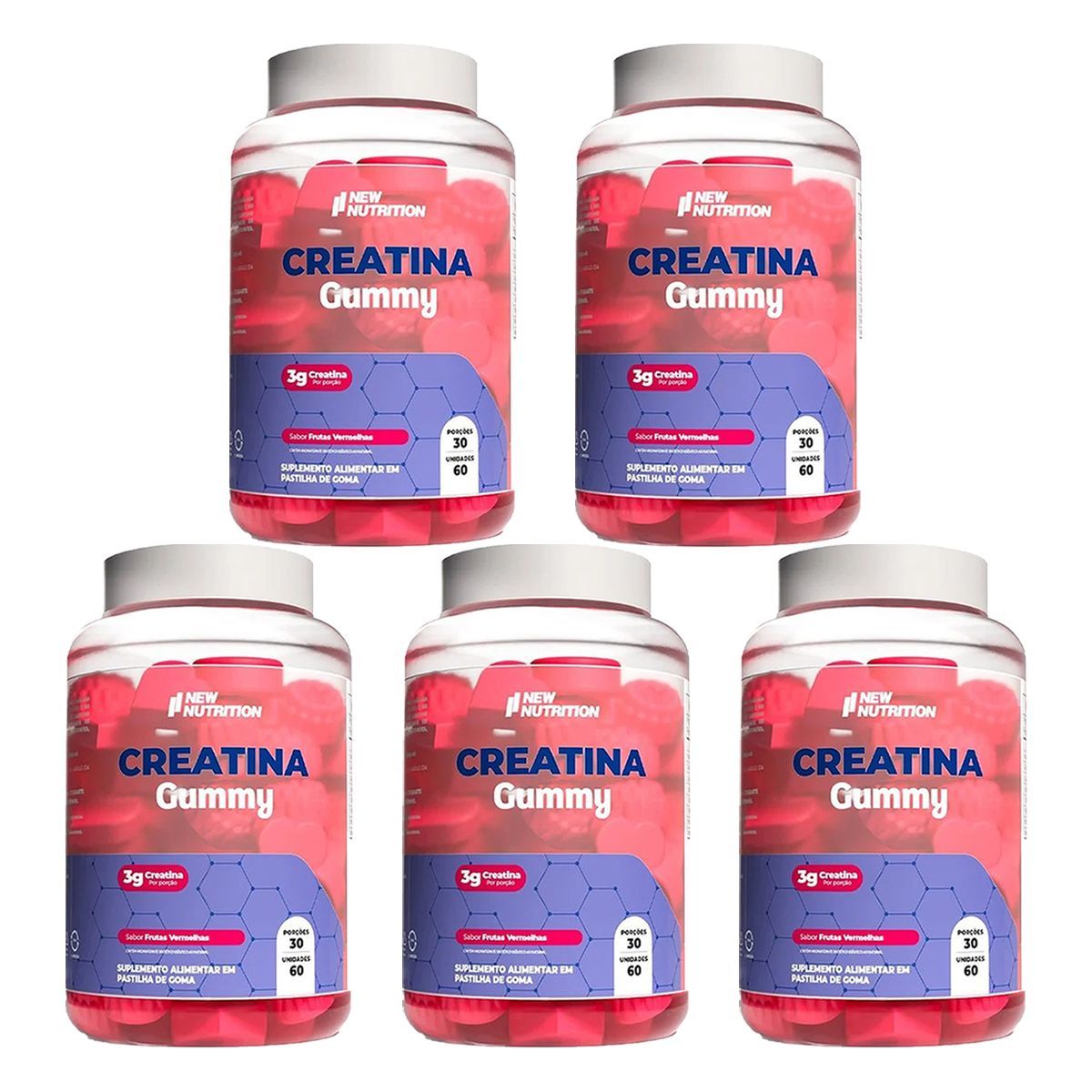 Kit 5X Creatina Gummy - 60 Gomas Freutas Vermelhas -  Newnutrition