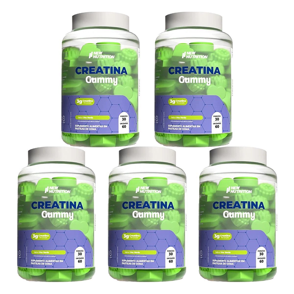 Kit 5X Creatina Gummy - 60 Gomas Uva Verde -  Newnutrition