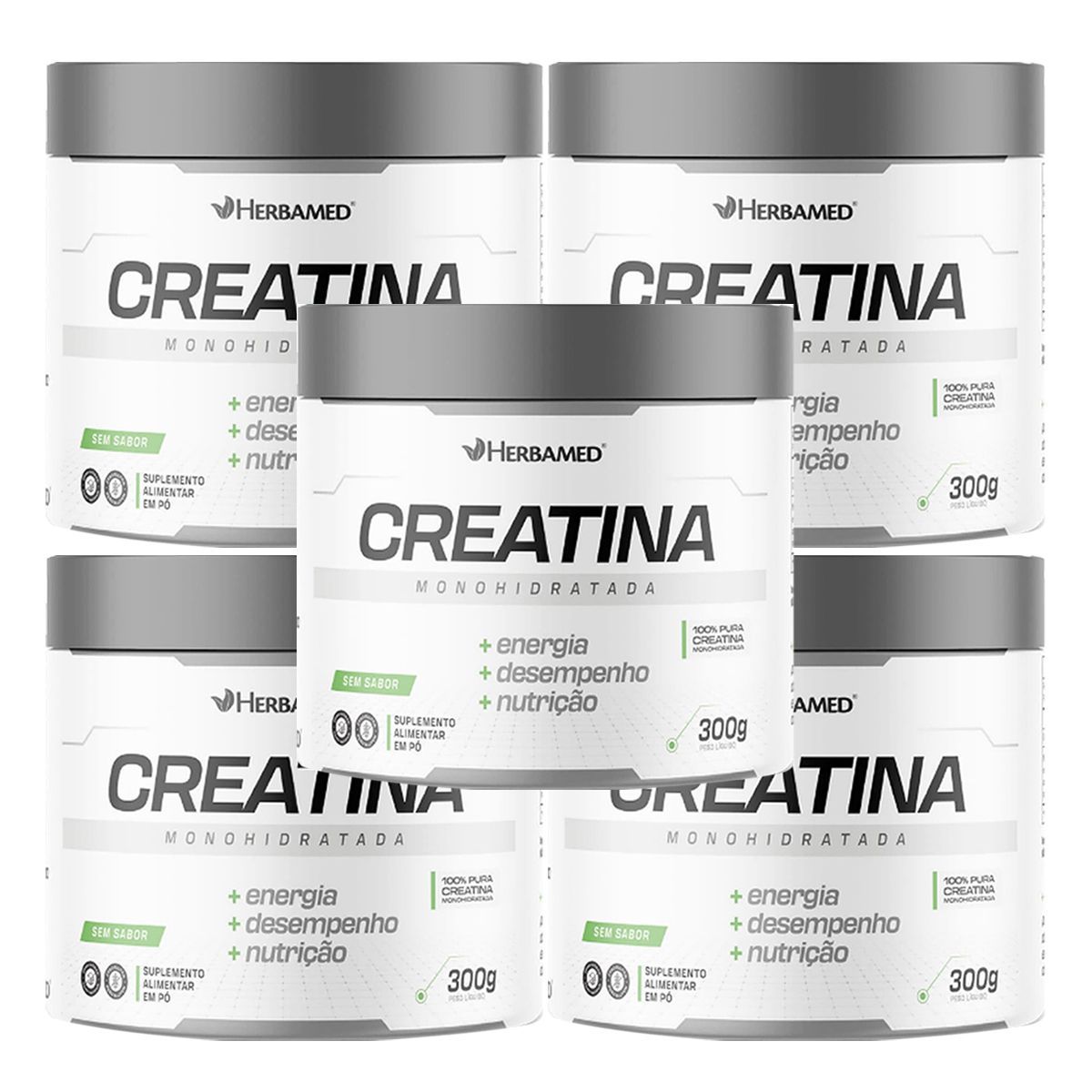 Kit 5X Creatina Monohidratada - 300g Sem Sabor - Herbamed