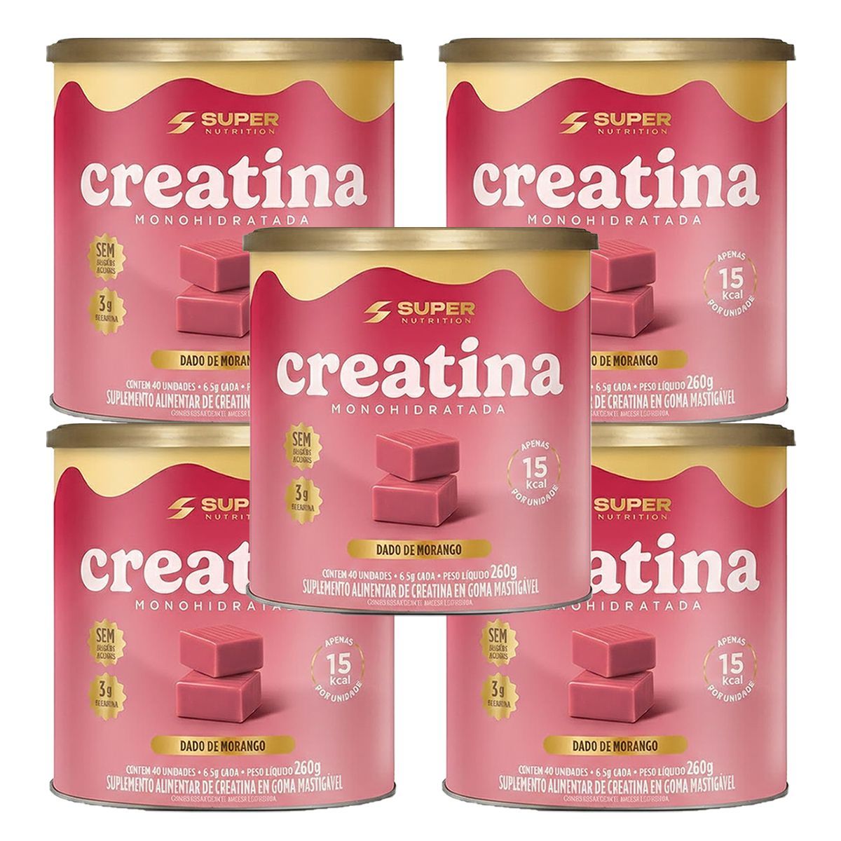 Kit 5X Creatina Monohidratada - 40 Dados 6,5g Caramelo de Morango - Desinch�
