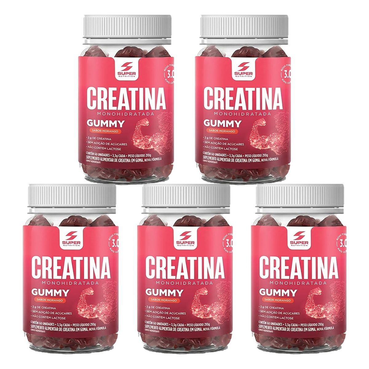 Kit 5X Creatina Monohidratada Gummy - 60 Gomas 3,5g Morango - Desinch�