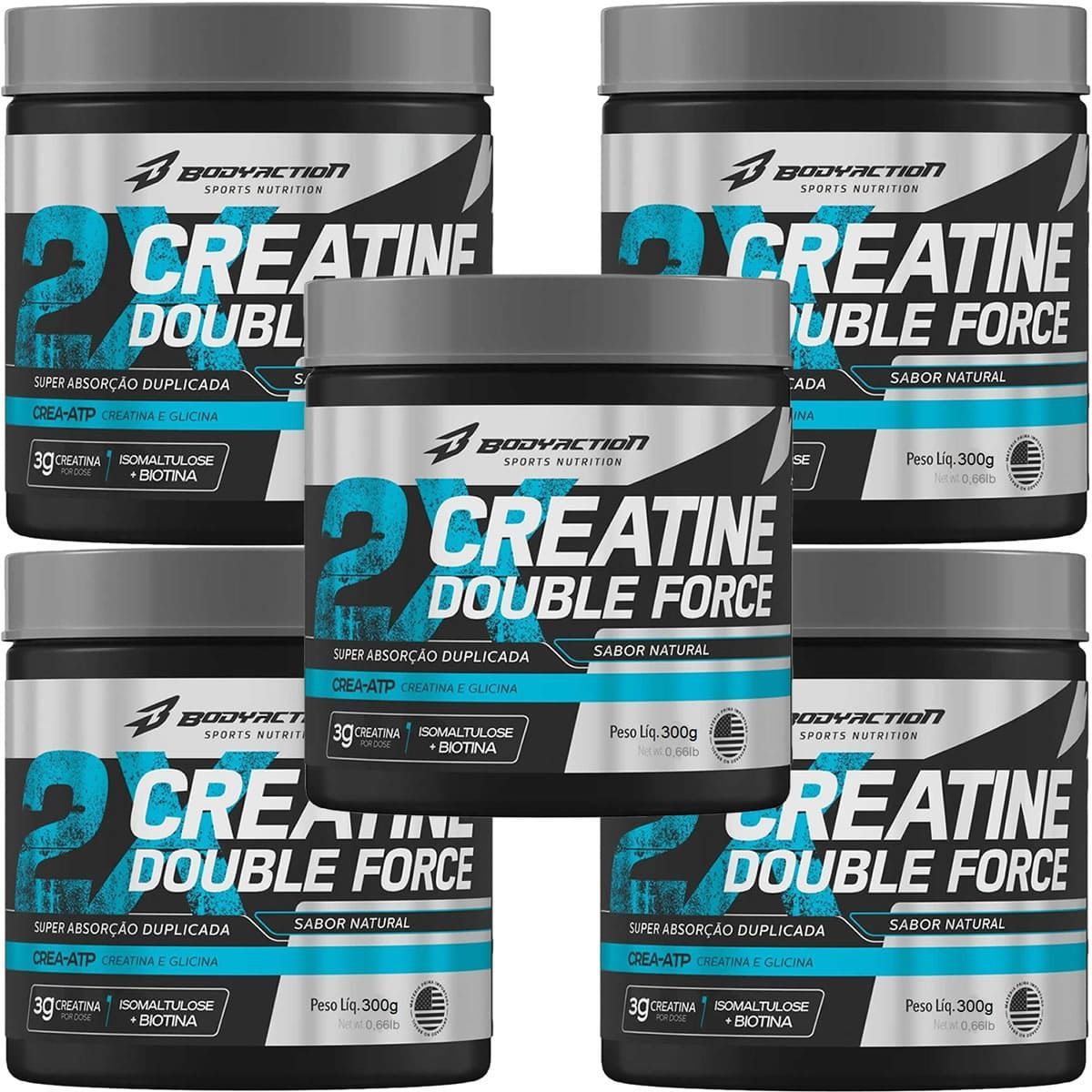 Kit 5X Creatine Double Force - 300g Natural - BodyAction