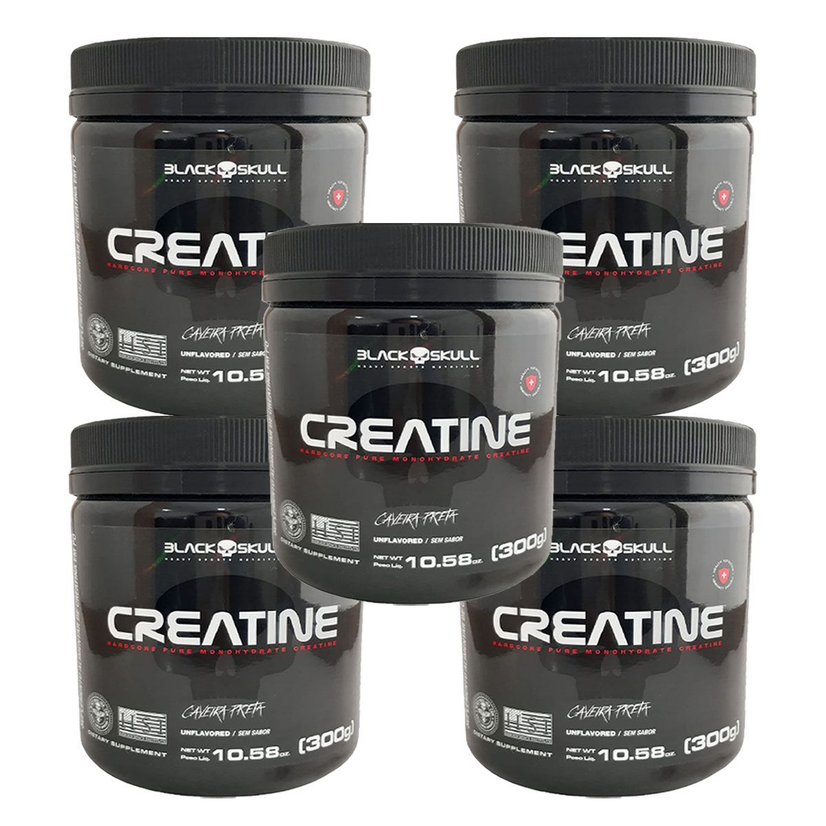 Kit 5X Creatine Monohidratada - 300g Sem Sabor  - Black Skull