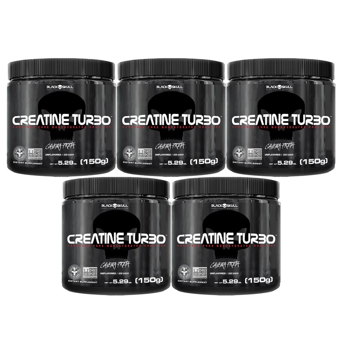 Kit 5X Creatine Turbo Monohidratada - 150g Sem Sabor - Black Skull