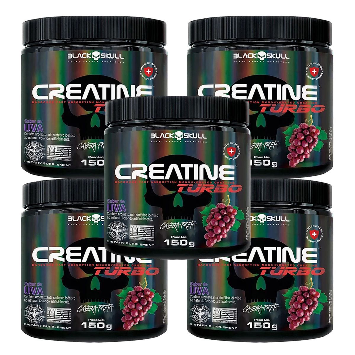 Kit 5X Creatine Turbo Monohidratada - 150g Uva - Black Skull