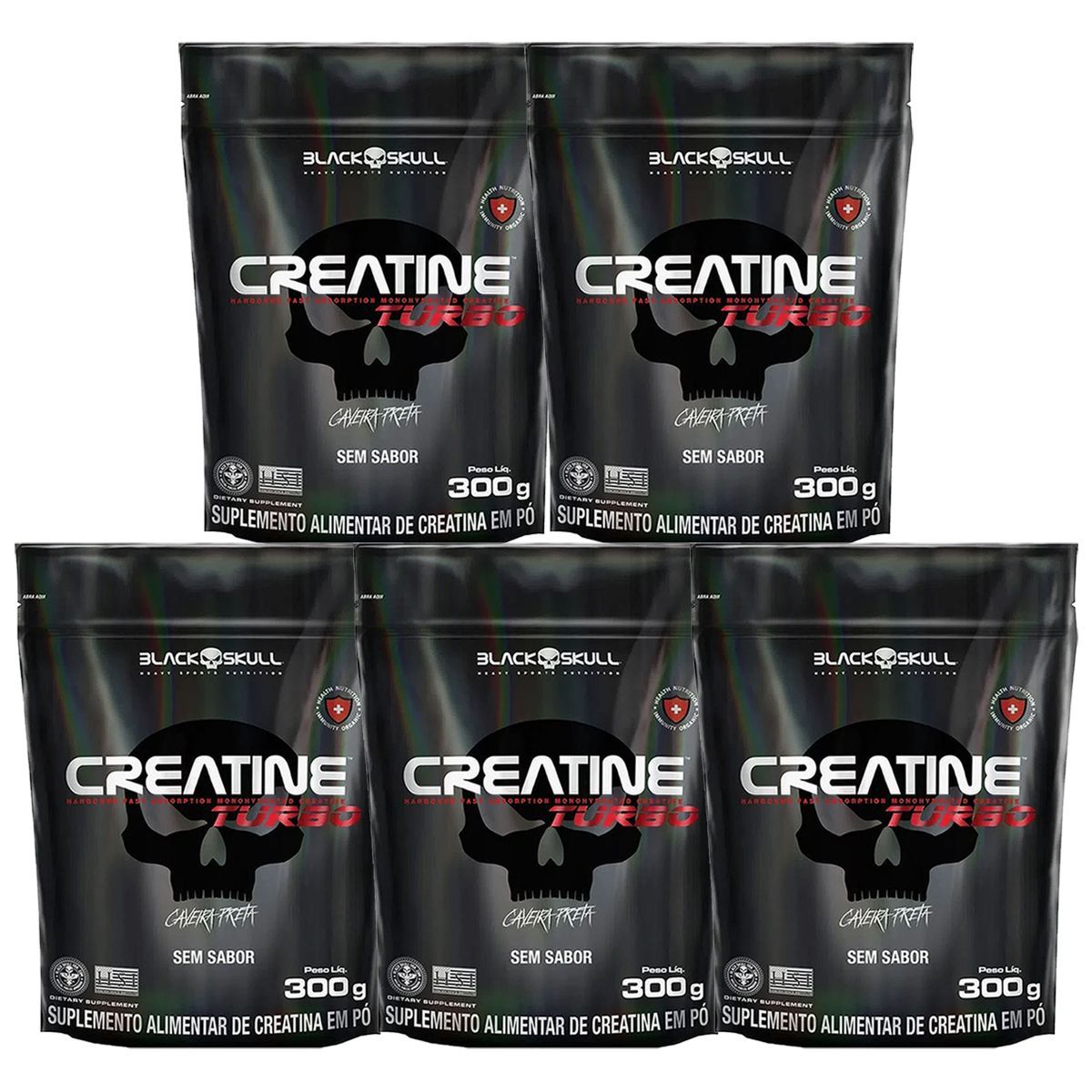 Kit 5X Creatine Turbo Monohidratada - 300g Refil Sem Sabor - Black Skull