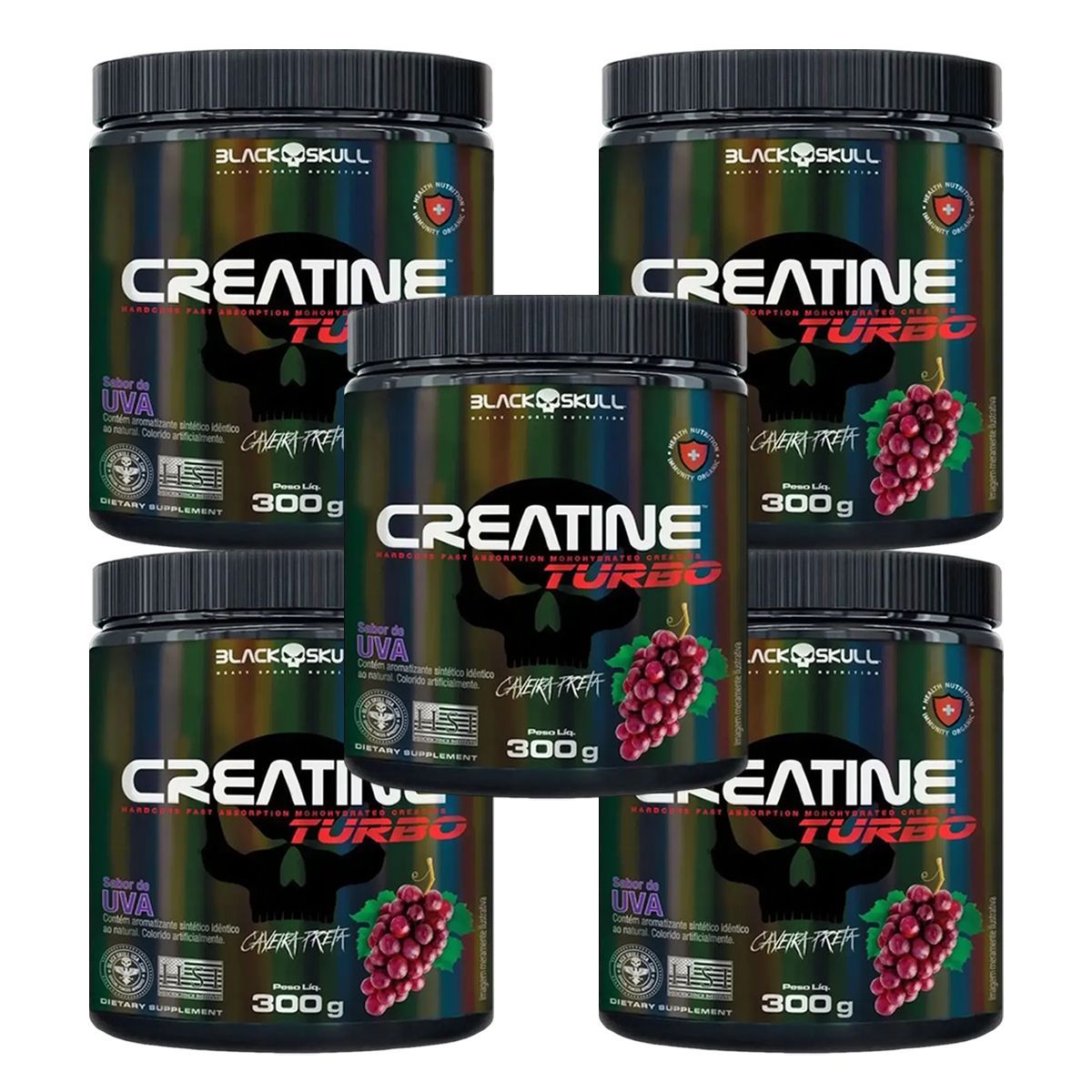Kit 5X Creatine Turbo Monohidratada - 300g Uva - Black Skull