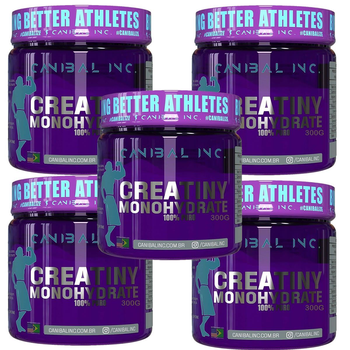 Kit 5X Creatiny Monohydrate - 300g Sem Sabor - Canibal