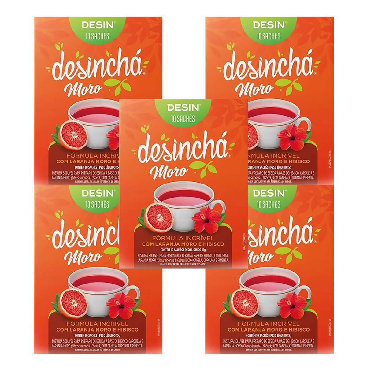 Kit 5X Desincha Moro - 10 Sach�s Laranja Moro e Hibisco - Desinch�