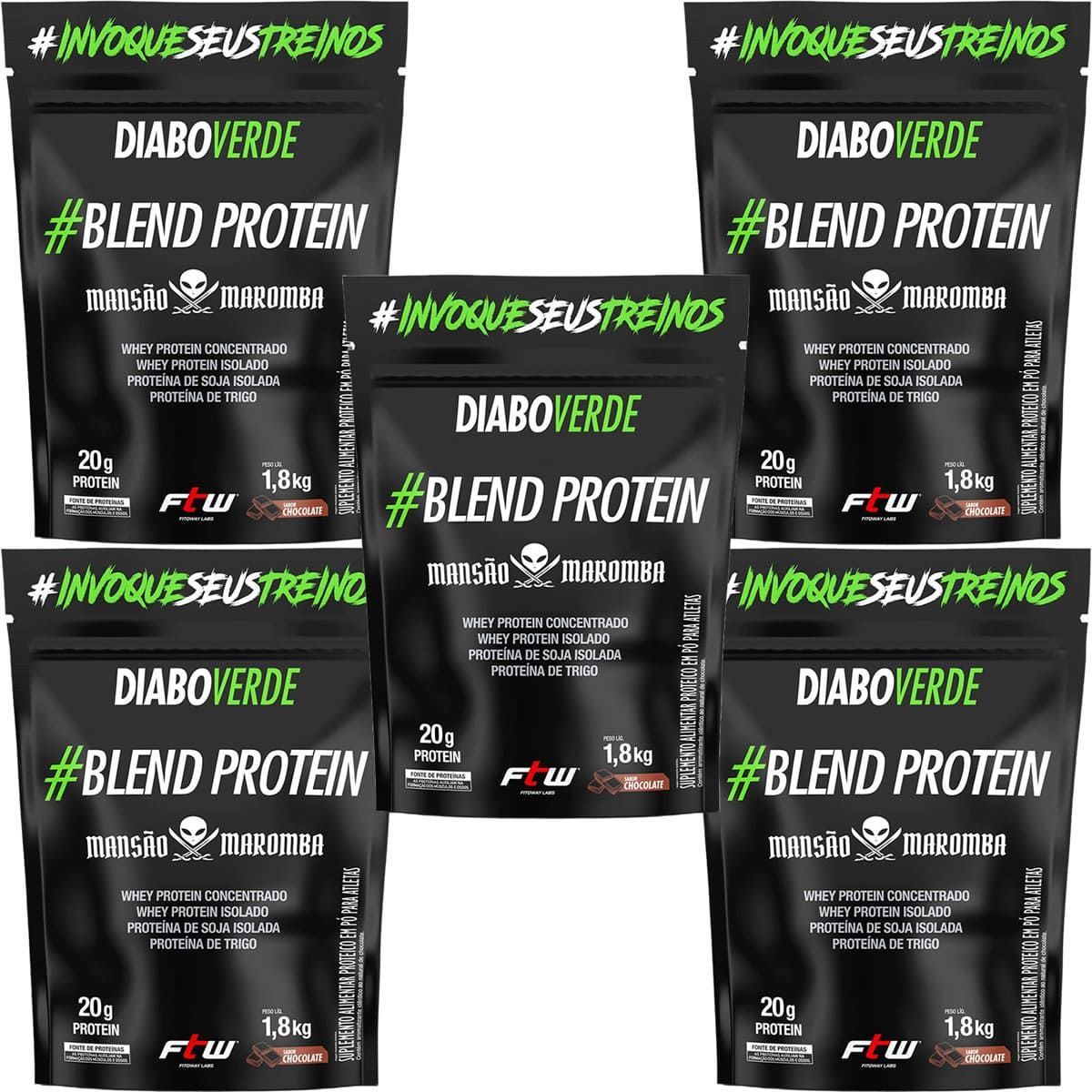 Kit 5X Diabo Verde Blend Protein Mans�o Maromba - 1800g Refil Chocolate - FTW