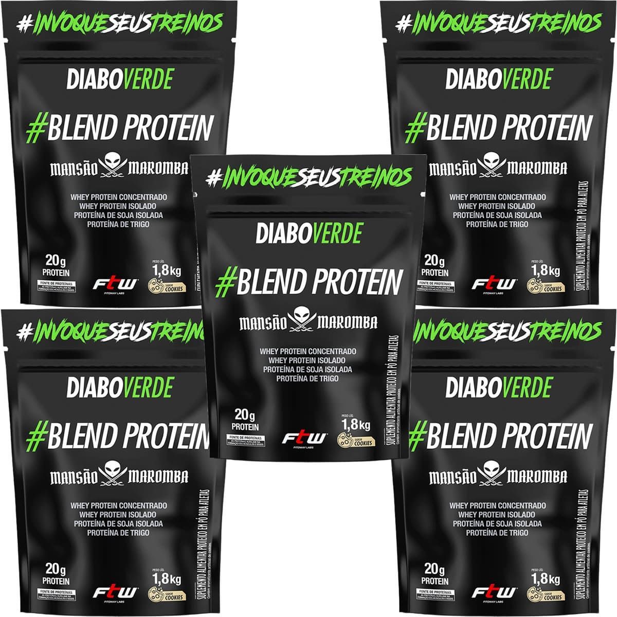 Kit 5X Diabo Verde Blend Protein Mans�o Maromba - 1800g Refil Cookies - FTW