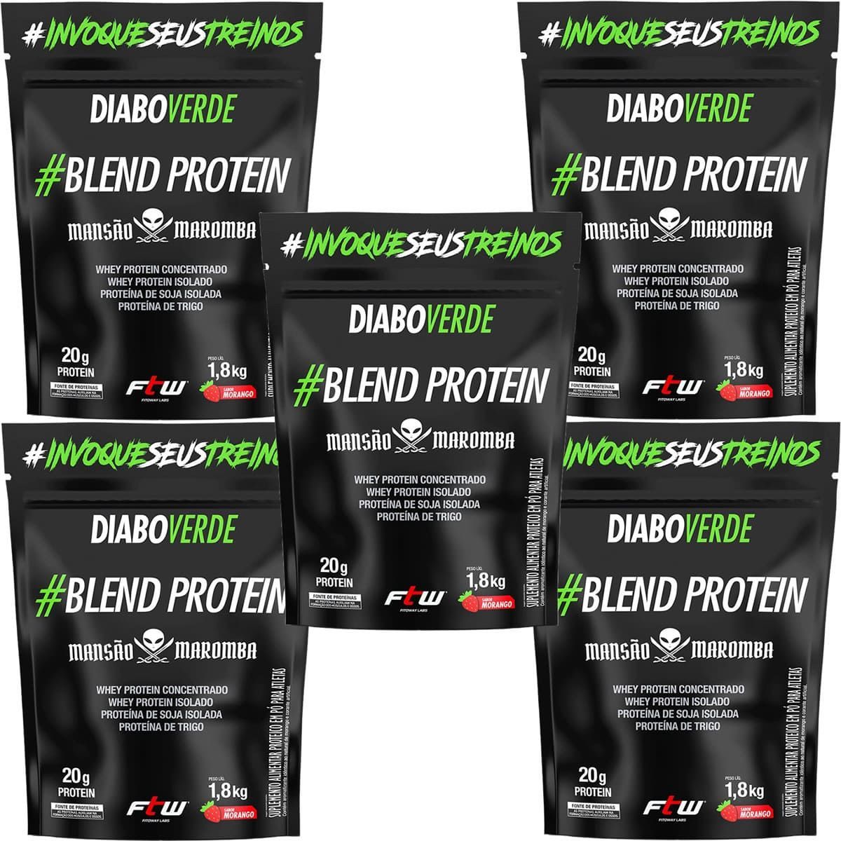 Kit 5X Diabo Verde Blend Protein Mans�o Maromba - 1800g Refil Morango - FTW