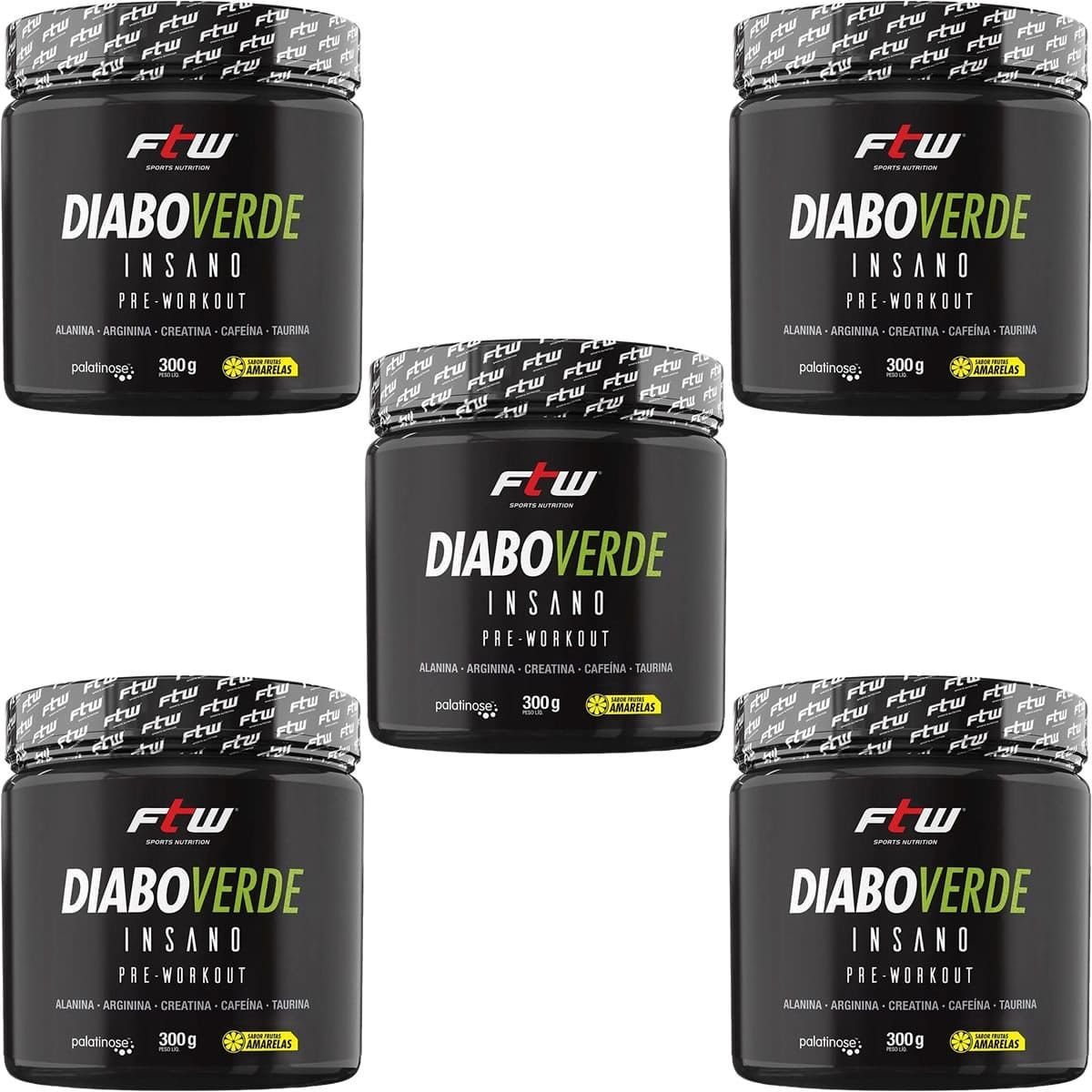 Kit 5X Diabo Verde Insano Pre - Workout - 300g Frutas Amarelas - FTW