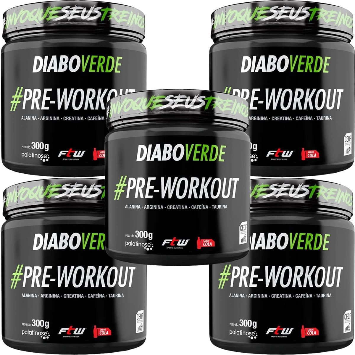 Kit 5X Diabo Verde Pre-Workout - 300g Sabor Cola - FTW