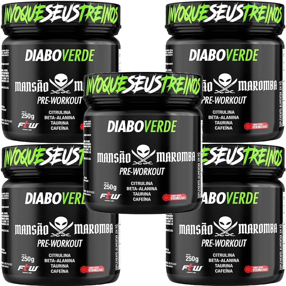 Kit 5X Diabo Verde Pre-Workout Mans�o Maromba - 250g Frutas Vermelhas - FTW