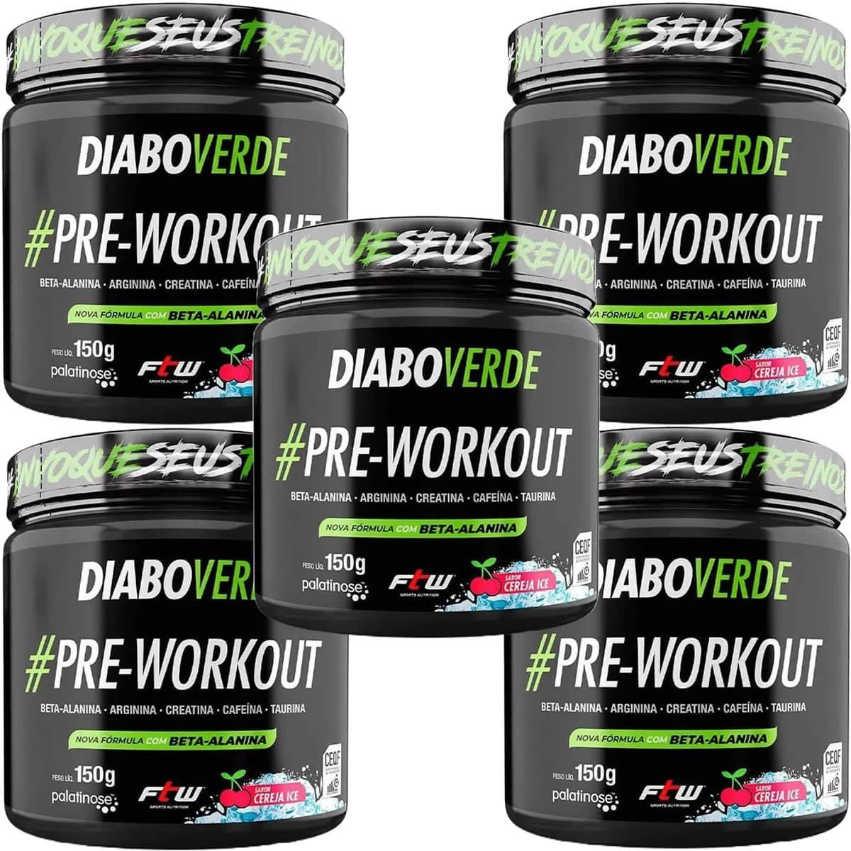 Kit 5X Diabo Verde Pre - Workout Nova F�rmula- 150g Cereja Ice - FTW