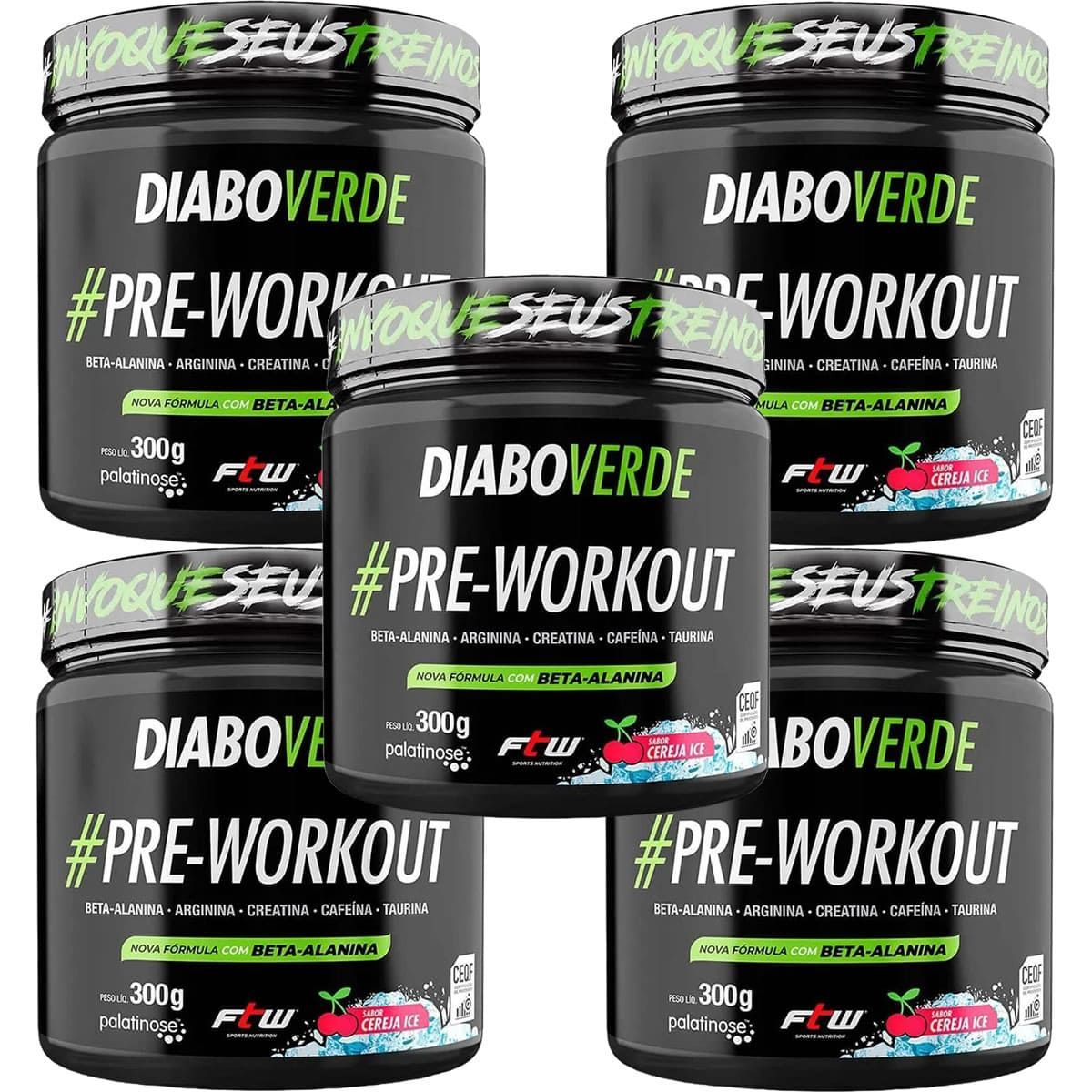 Kit 5X Diabo Verde Pre - Workout Nova F�rmula- 300g Cereja Ice - FTW