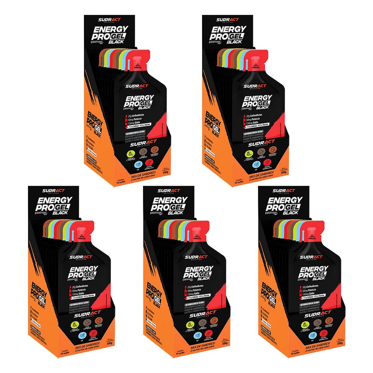 Kit 5X Energy Pro Gel Black - 10 Sach�s 30g Sabores Diversos - Sudract Nutrition