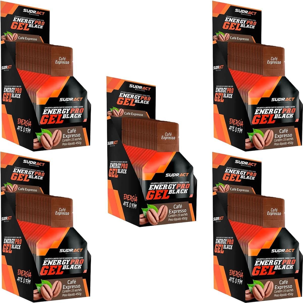 Kit 5X Energy Pro Gel Black - 15 Sach�s 30g Caf� Expresso - Sudract Nutrition
