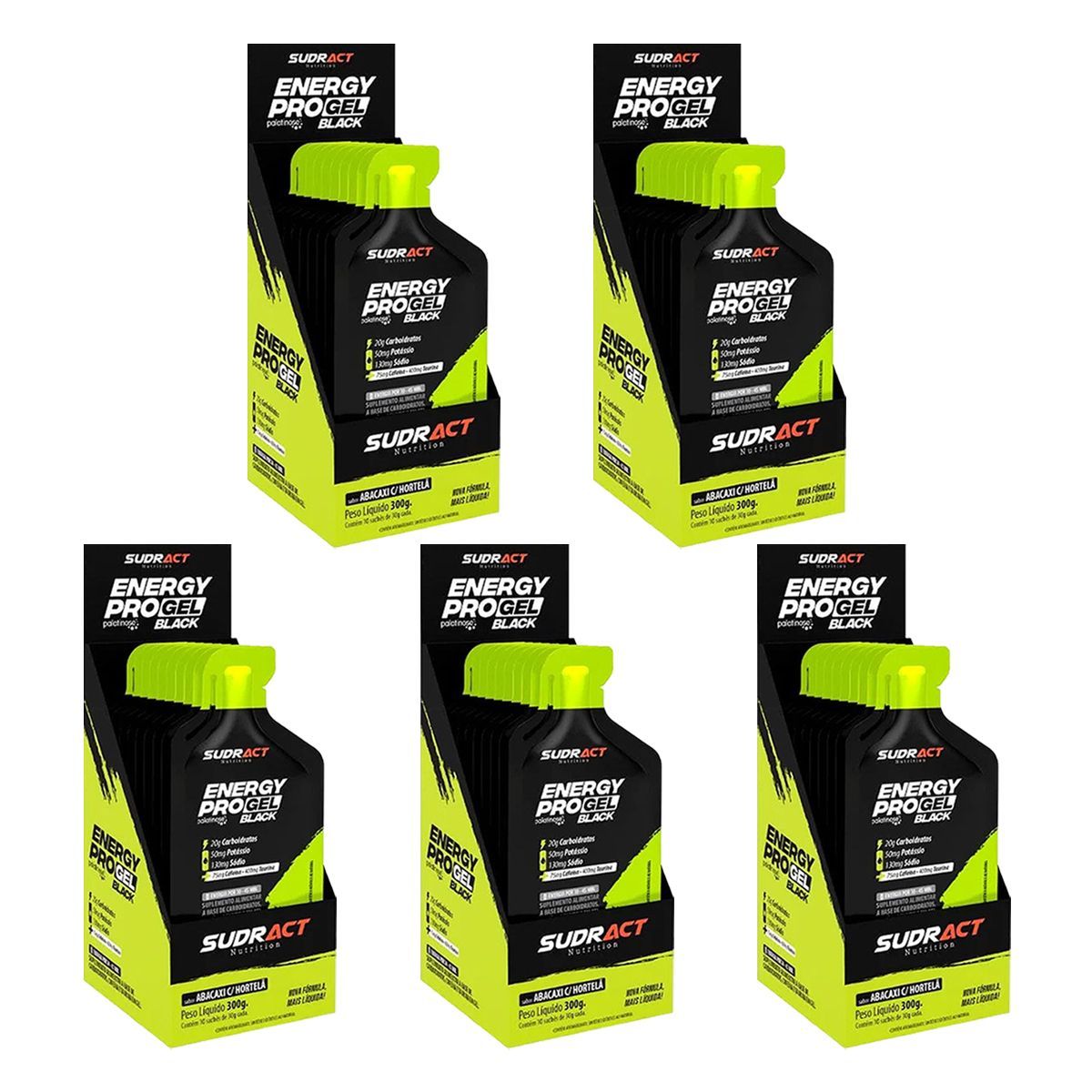 Kit 5X Energy Pro Gel Black - Caixa com 10 sach�s de 30g Abacaxi com Hortel� - Sudract Nutrition