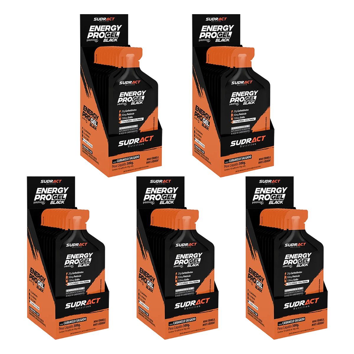 Kit 5X Energy Pro Gel Black - Caixa com 10 sach�s de 30g Caramelo Salgado - Sudract Nutrition