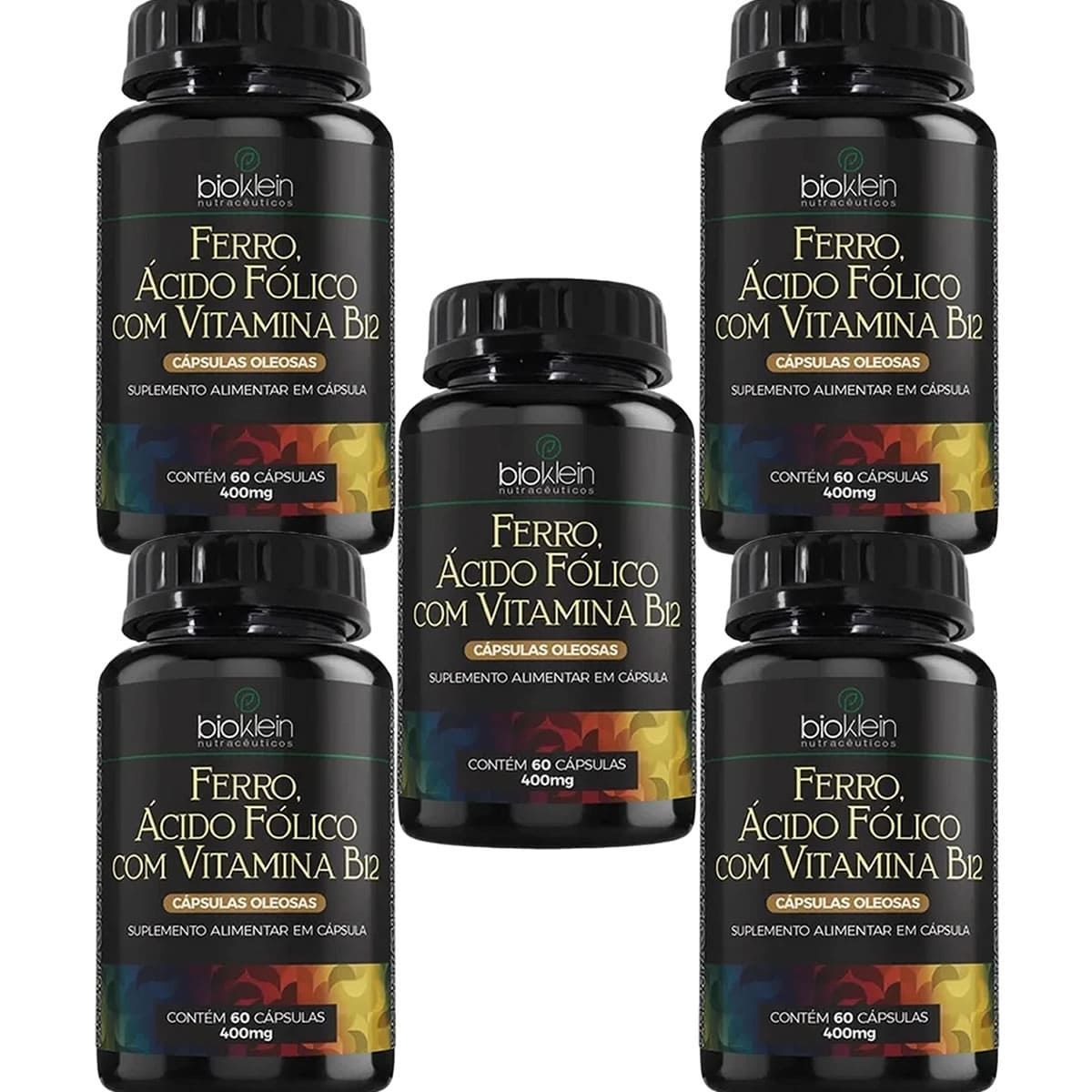 Kit 5X Ferro, �cido F�lico e Vitamina B12 - 60 C�psulas - Bioklein
