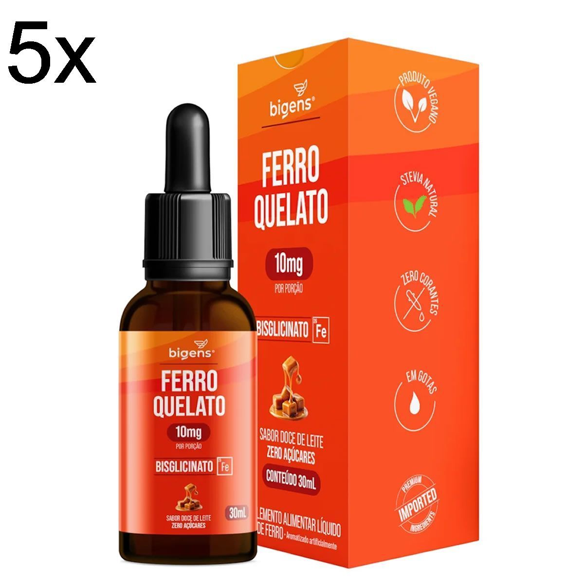 Kit 5X Ferro Quelato 10mg Gotas - 30ml Doce de Leite - Bigens