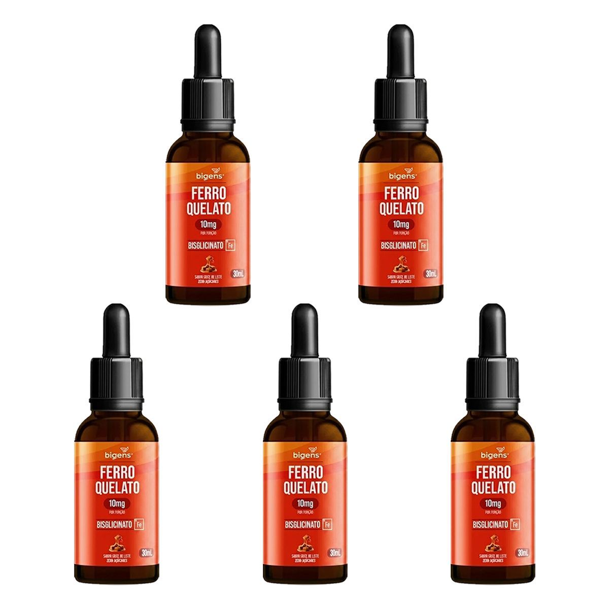 Kit 5X Ferro Quelato 10mg Gotas - 30ml Doce de Leite - Bigens