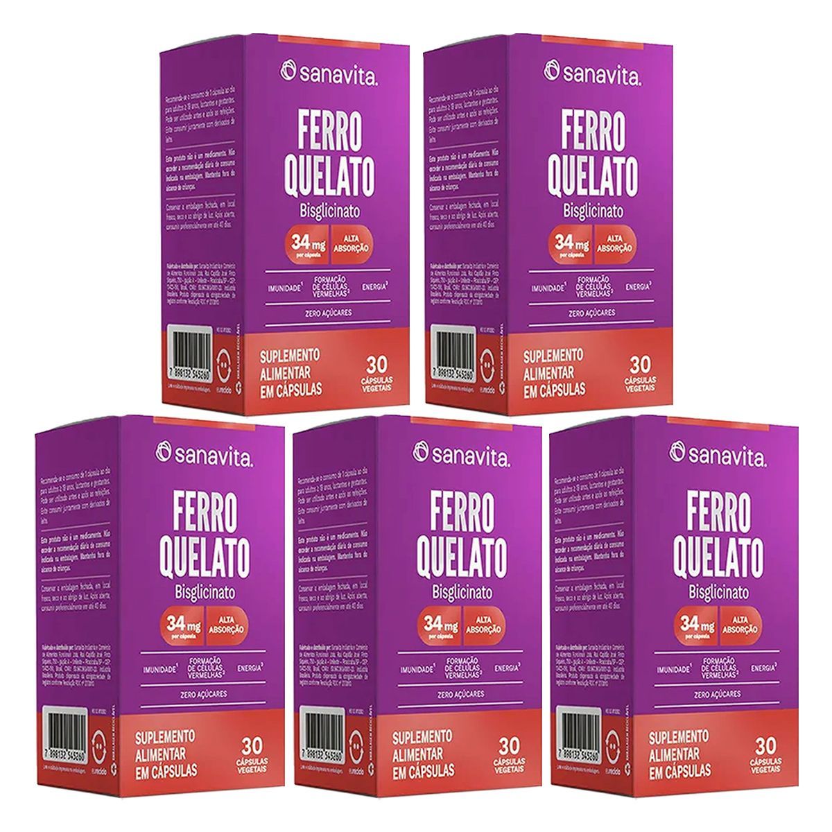Kit 5X Ferro Quelato Bisglicinato - 30 C�psulas Vegetais - Sanavita