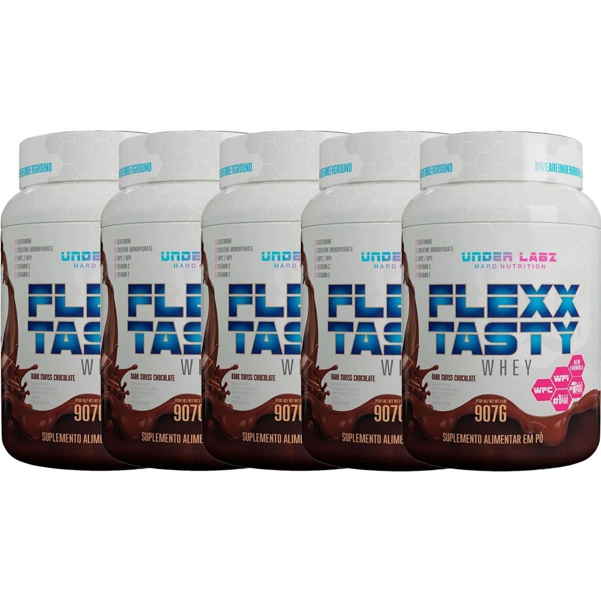 Kit 5X Flexx Tasty Whey 907g - Dark Swiss Chocolate - Under Labz