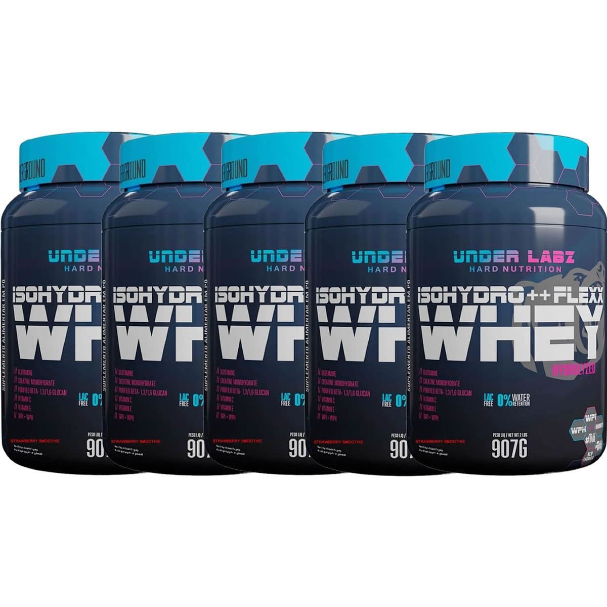 Kit 5X Flexx Whey Isohydro++ - 907g Strawberry Smoothie - Under Labz