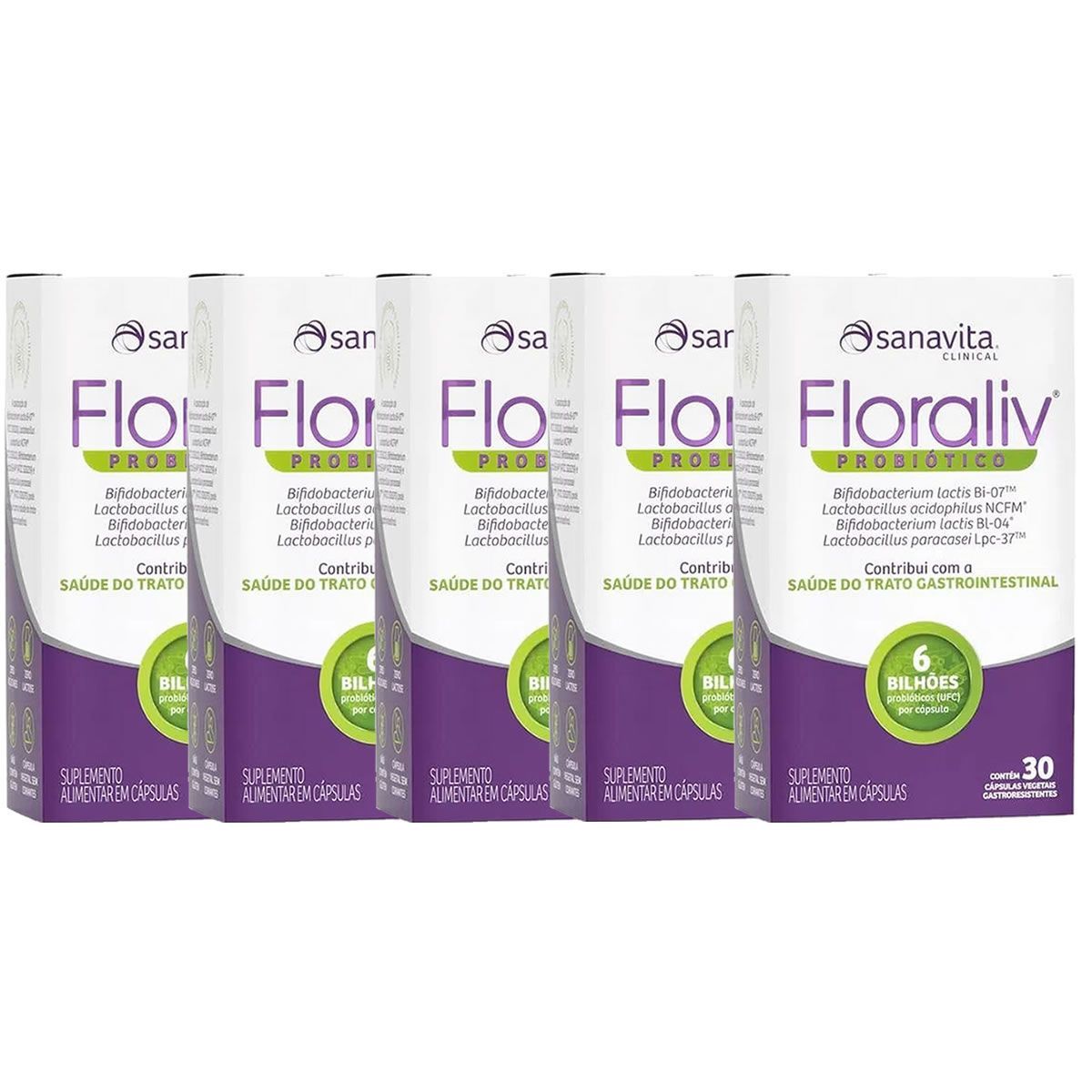 Kit 5X Floraliv Probiotico - 30 C�psulas Vegetais - Sanavita