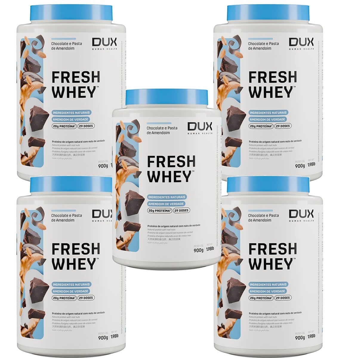 Kit 5X Fresh Whey - 900g  Chocolate e Pasta de Amendoim - Dux Nutrition