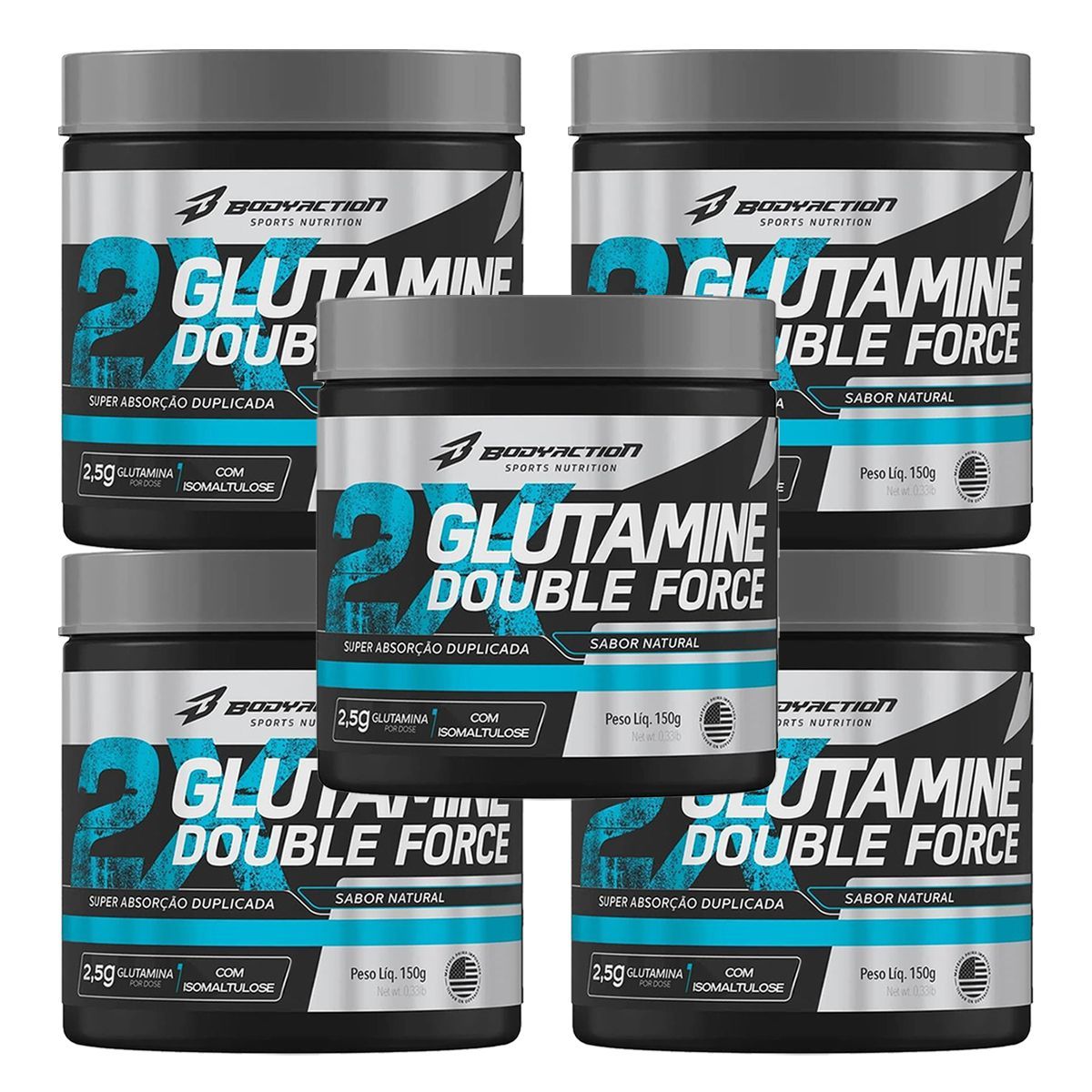 Kit 5X Glutamine Double Force - 150g Natural - BodyAction