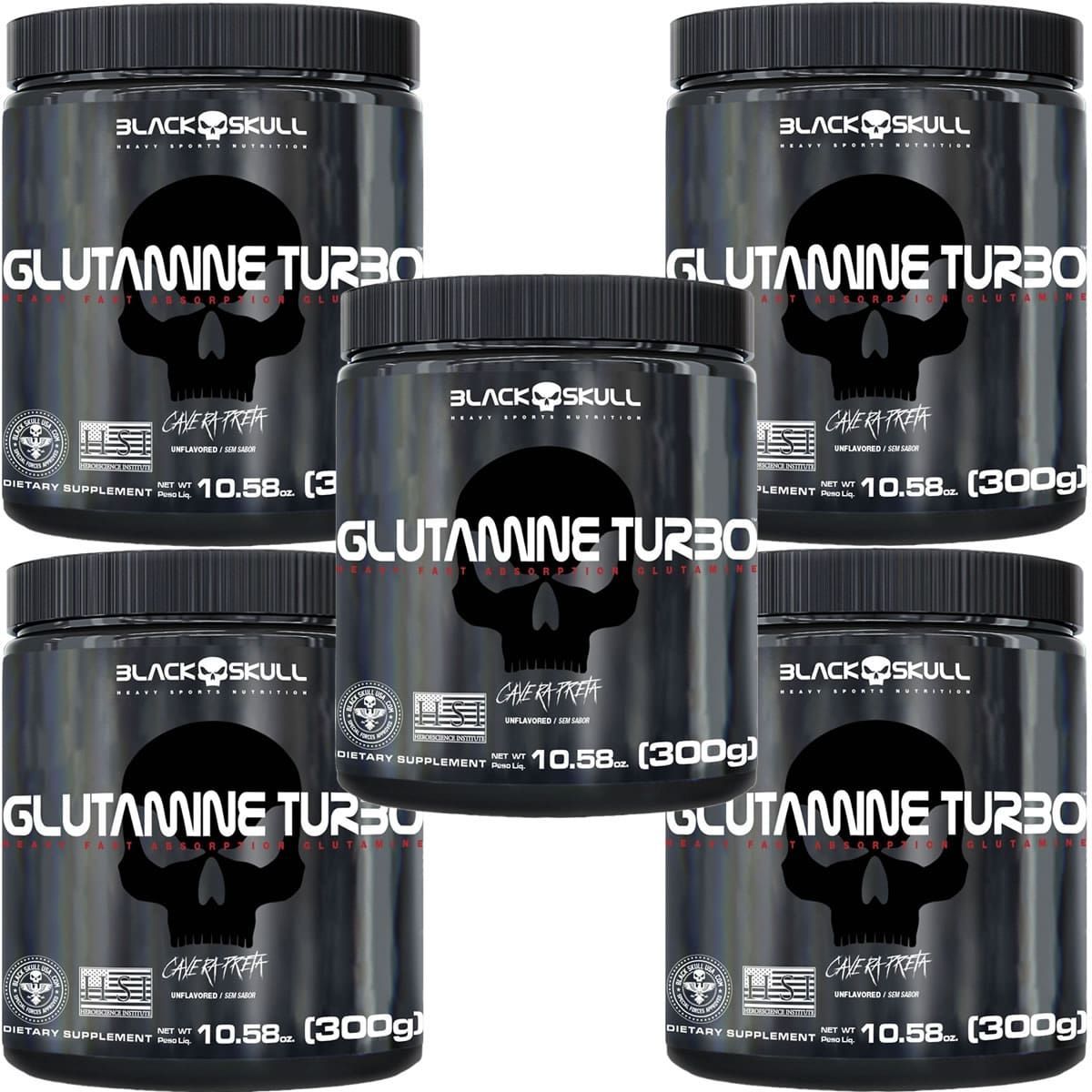 Kit 5X Glutamine Turbo - 300g Sem Sabor - Black Skull
