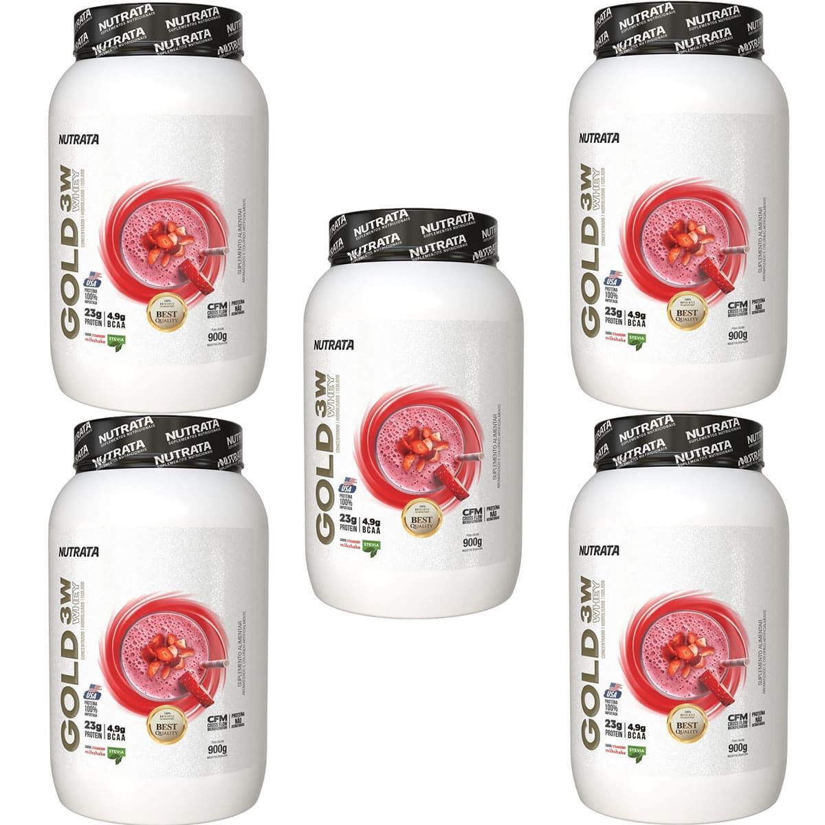 Kit 5X Gold Whey 3W - 900g MilkShake de Morango - Nutrata