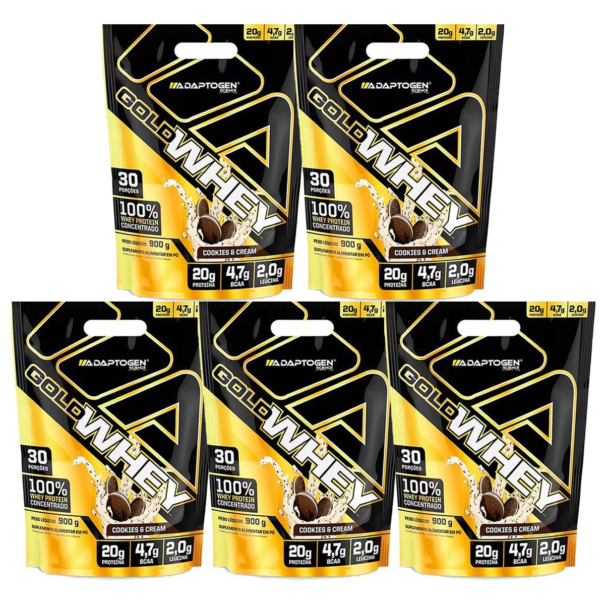 Kit 5X Gold Whey - 900g Refil Cookies e Cream - Adaptogen